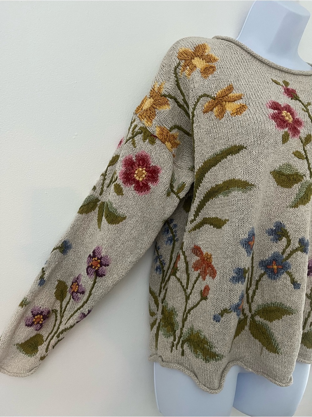 VTG Northern Isles Embroidered Floral Knit Sweater Beige Size Medium Cottagecore - Picture 14 of 14
